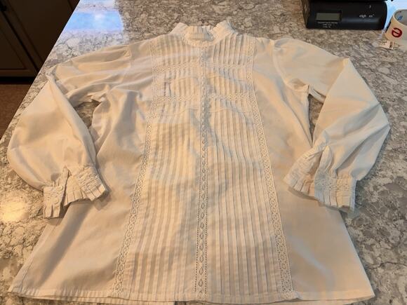 Orvis Tops - Vintage Orvis Victorian Ruffle Pin-Tuck Lace Blouse S M High Collar, White